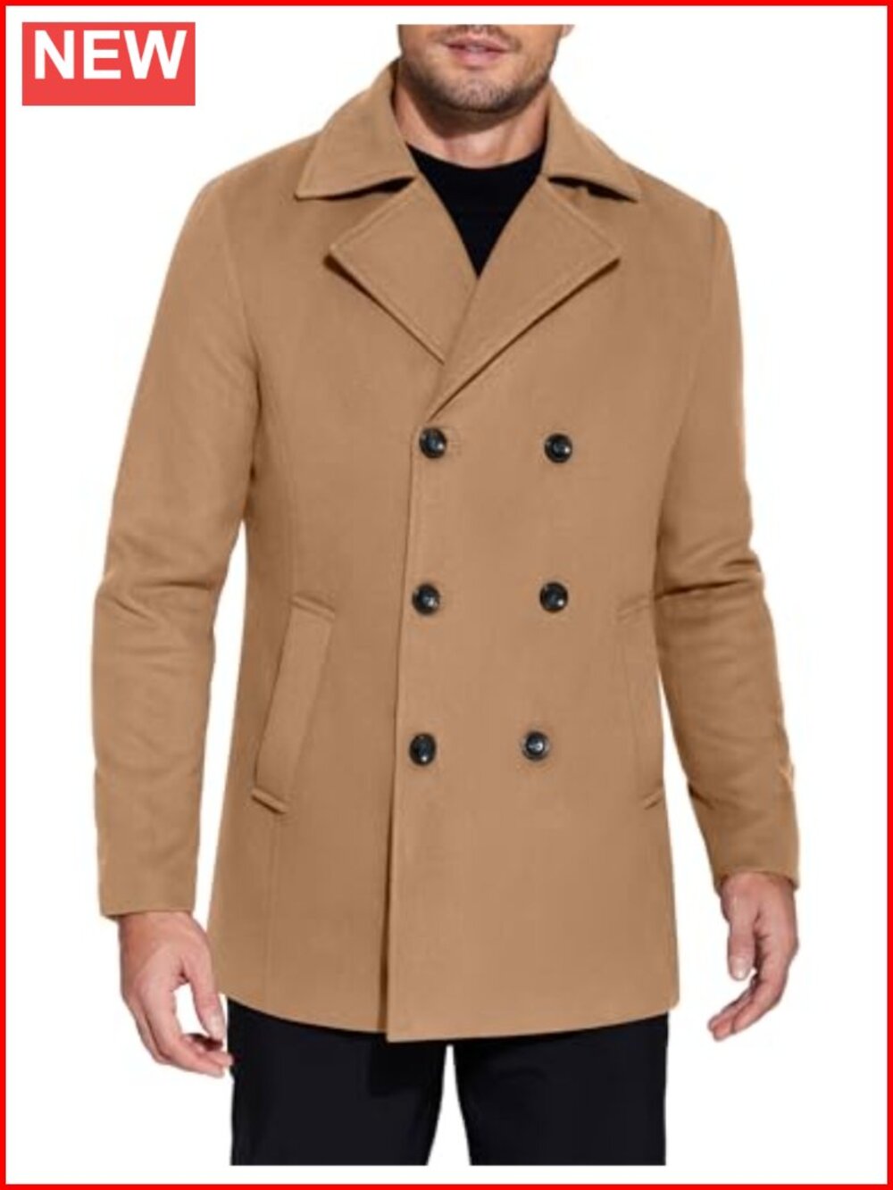 Men's Double Breasted Pea Coat Wool Blend Notched Collar Overcoat